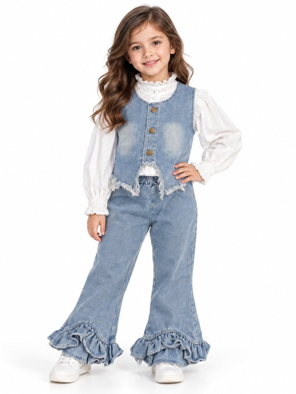 Girls Denim Ruffle Outfit Set | Vest, White Blouse & Flare Jeans